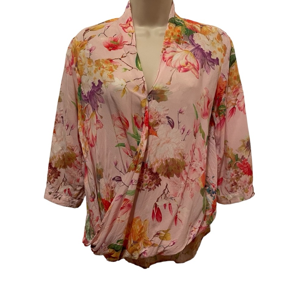 Sundance Pink Floral Blouse Size XS Faux Wrap Front Shirt